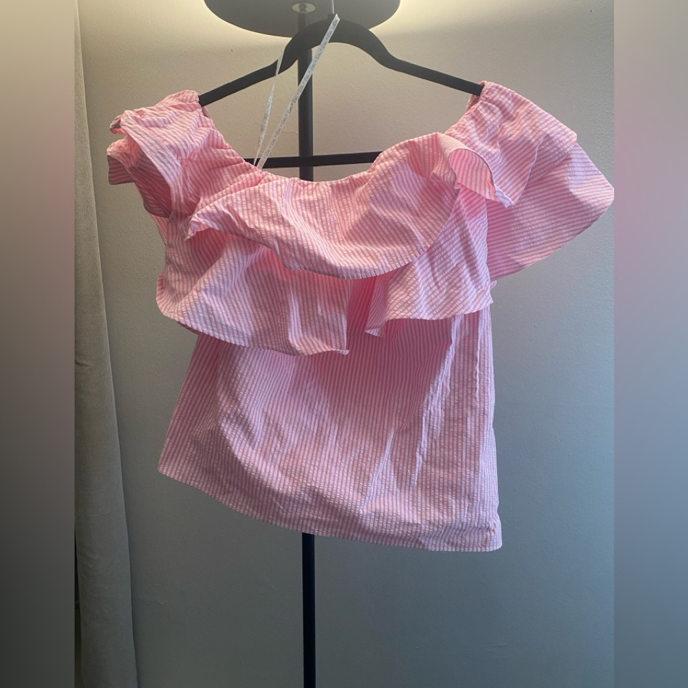 Lilly Pulitzer Trixie One Shoulder Ruffle Top Havana Pink Seersucker Size Small